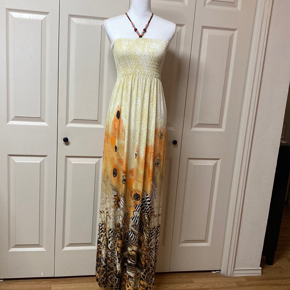 Just Love Maxi Strapless Tube Dress Peacock and Bird Feather Print Size L